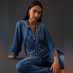 Anthro Pilcro Denim Cotton Tie Neck Blouse Sz. XS